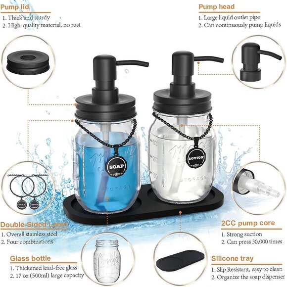 Mason Jar Soap and Lotion Dispenser Set with 2 in 1 Non-Slip Coaster, (Black) - Picture 2 of 7